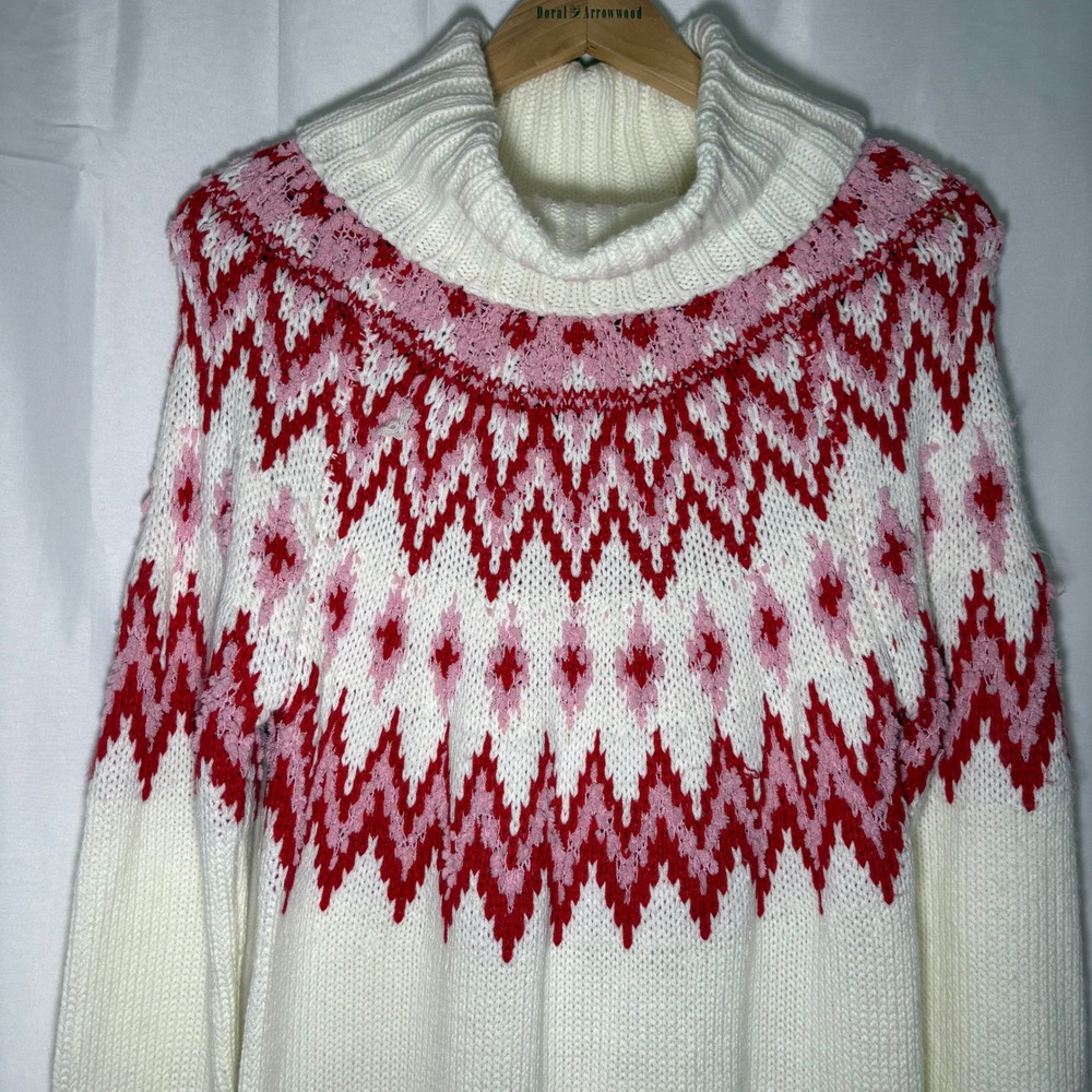 NWT Francesca's LS Fair Isle Cowl Neck Knit Sweater Dress White Red Pink Medium - Picture 2 of 10